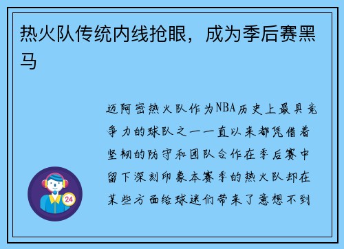 热火队传统内线抢眼，成为季后赛黑马